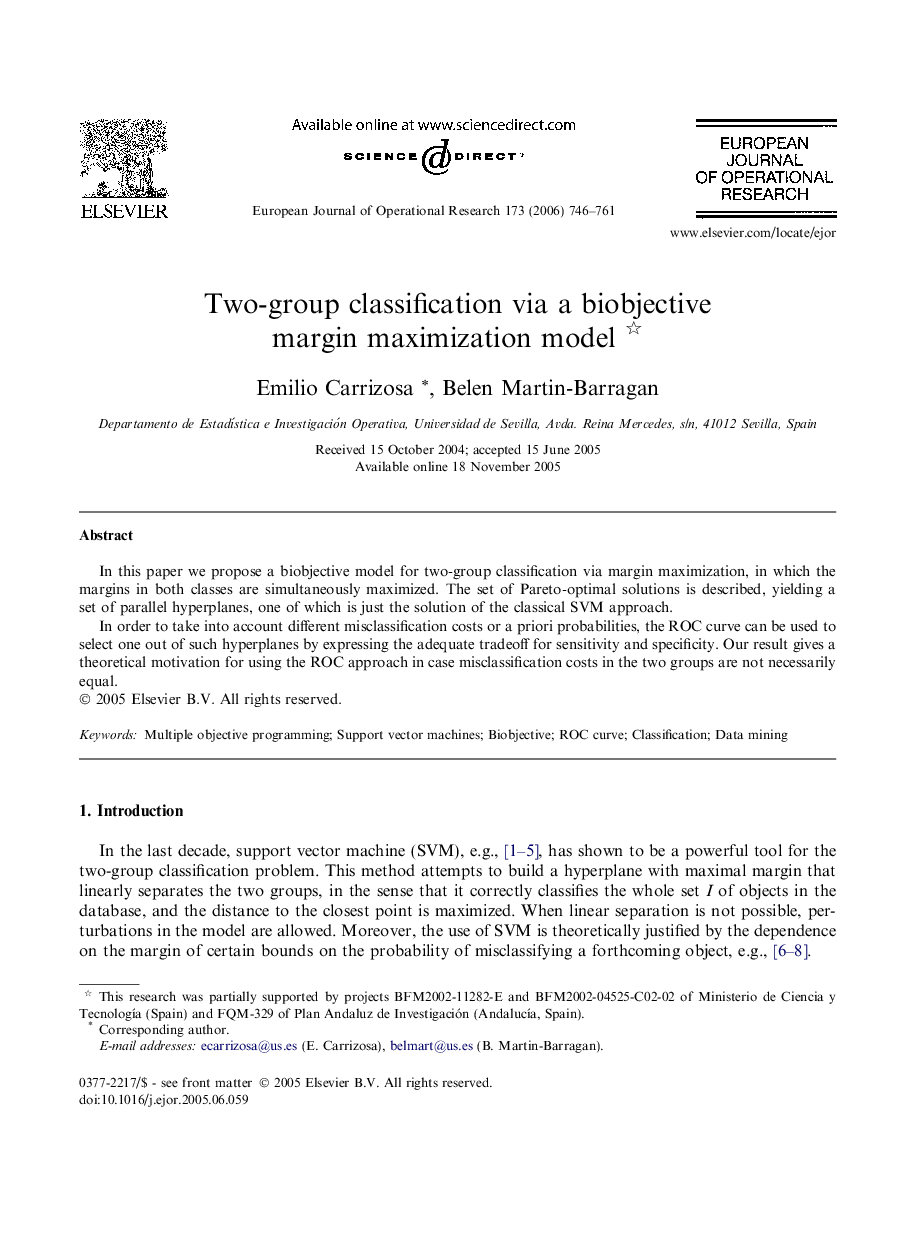 Two-group classification via a biobjective margin maximization model 