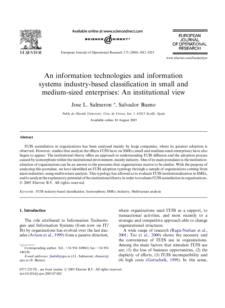 An information technologies and information systems industry-based classification in small and medium-sized enterprises: An institutional view