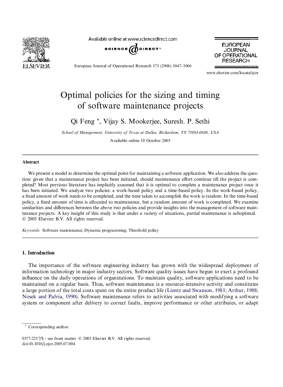 Optimal policies for the sizing and timing of software maintenance projects