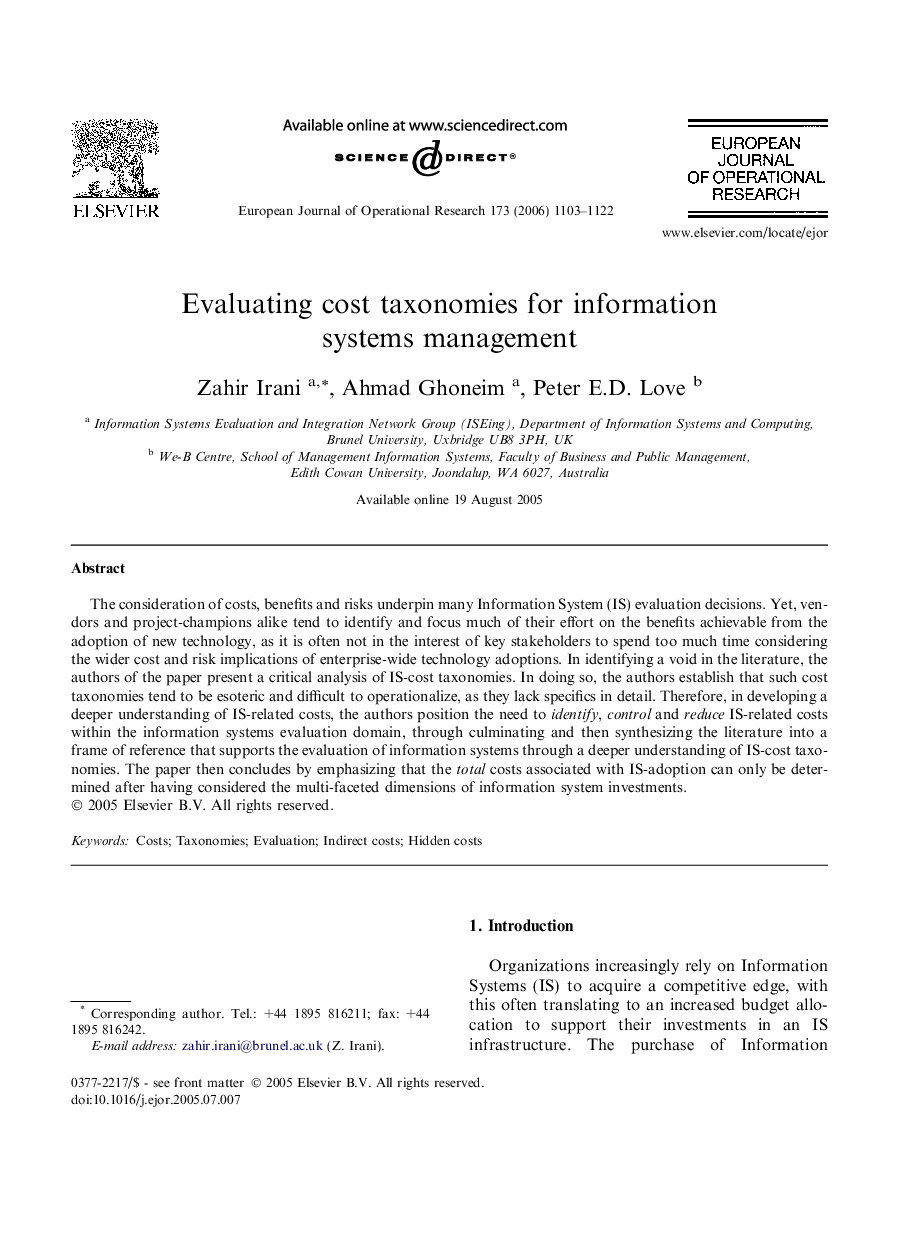 Evaluating cost taxonomies for information systems management