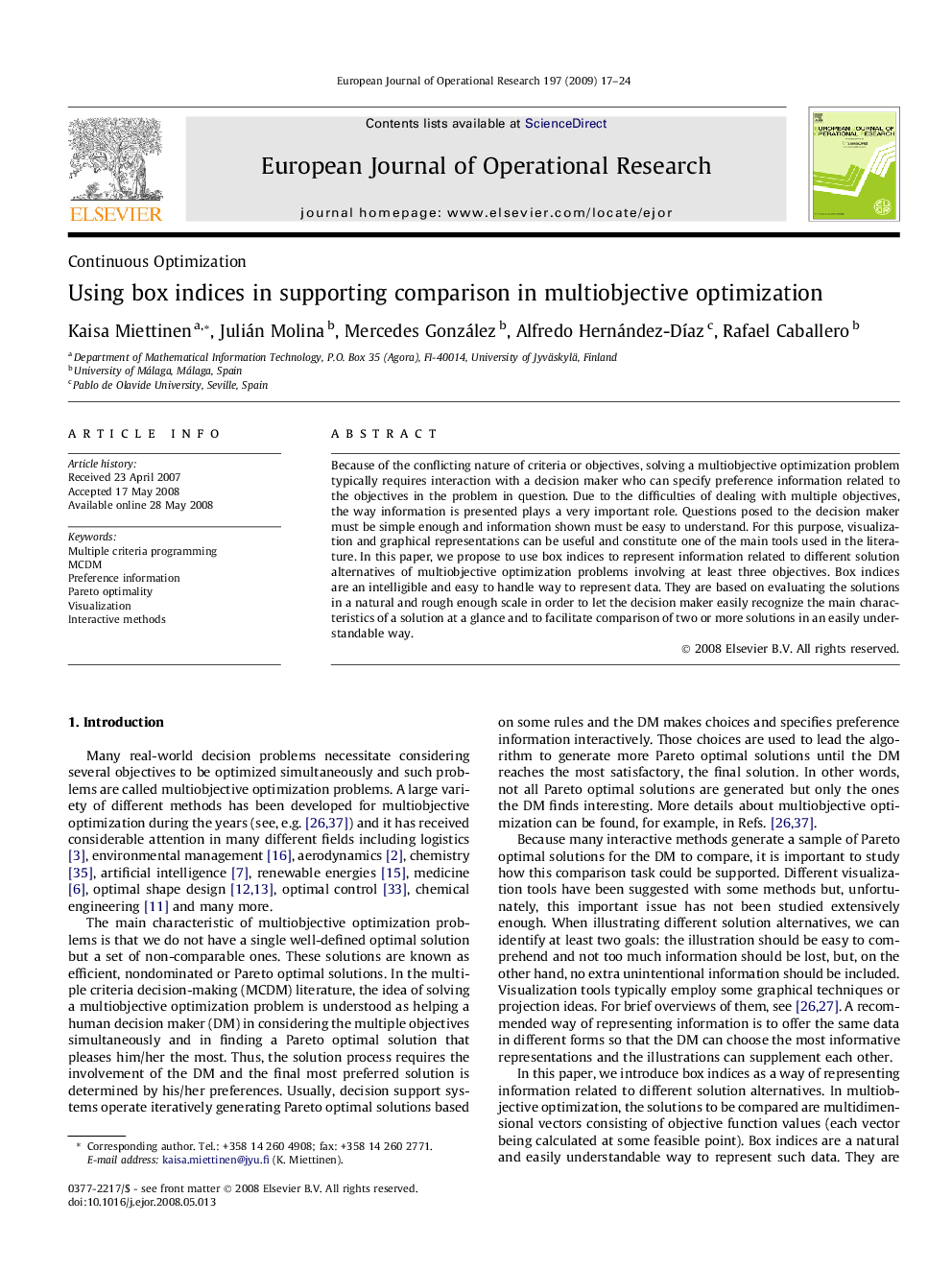 Using box indices in supporting comparison in multiobjective optimization