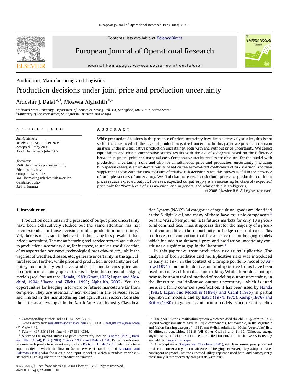 Production decisions under joint price and production uncertainty