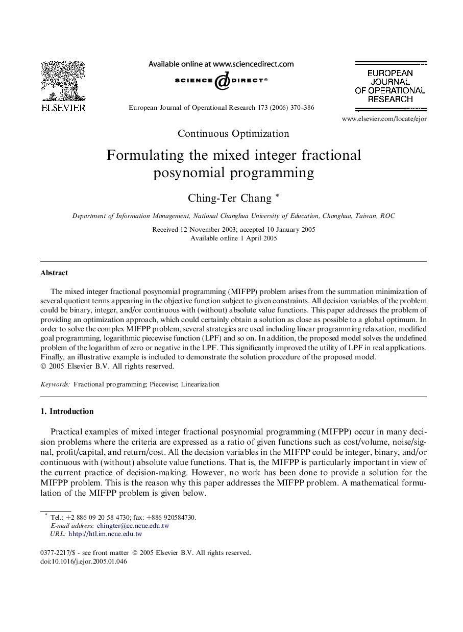 Formulating the mixed integer fractional posynomial programming