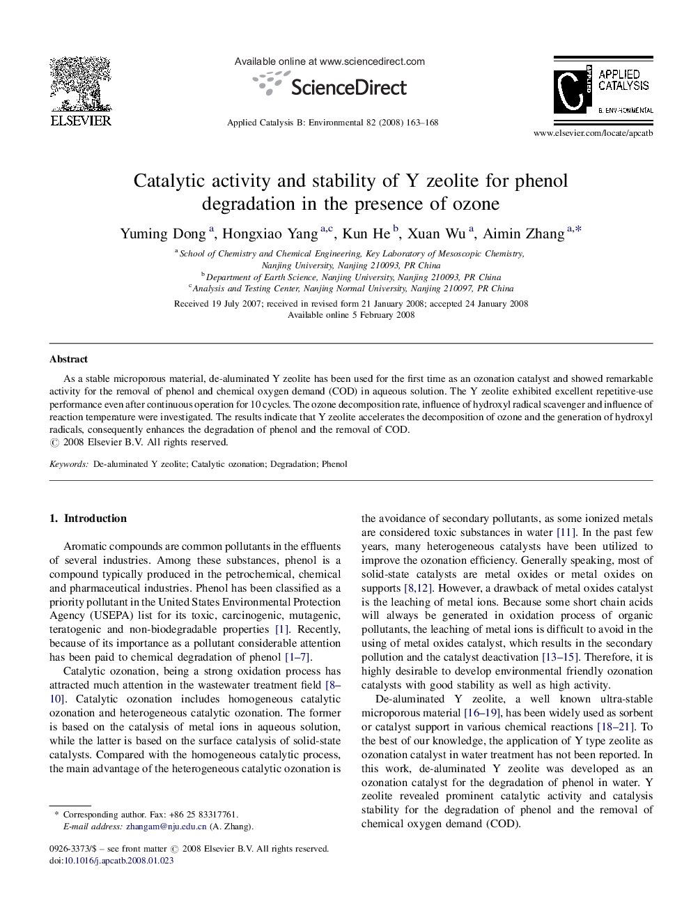 Catalytic activity and stability of Y zeolite for phenol degradation in the presence of ozone