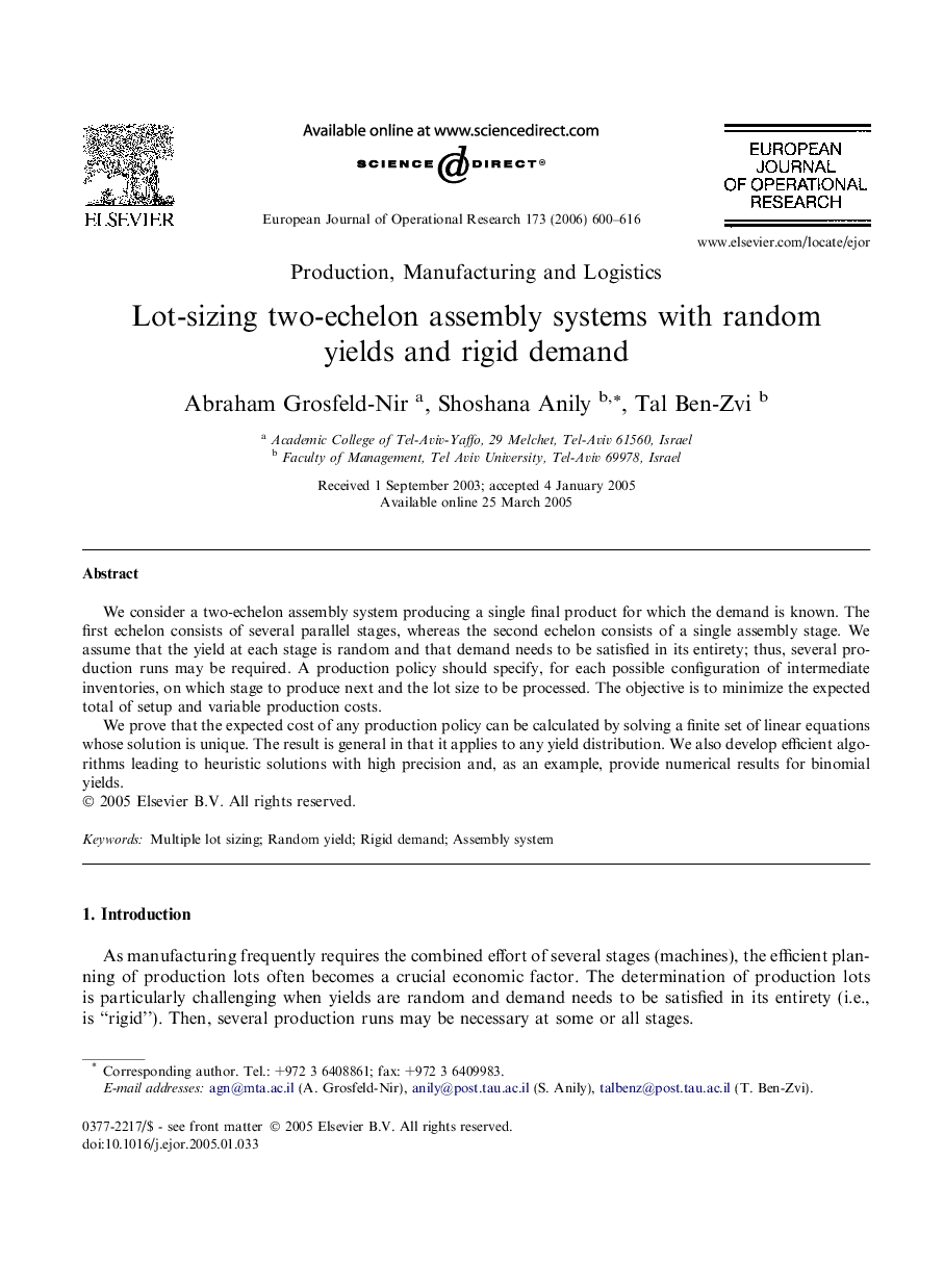 Lot-sizing two-echelon assembly systems with random yields and rigid demand