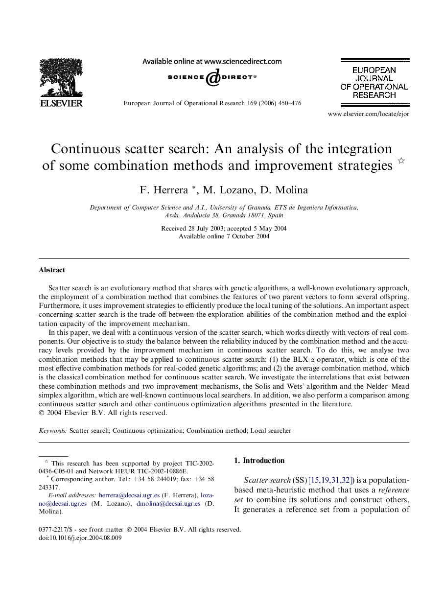 Continuous scatter search: An analysis of the integration of some combination methods and improvement strategies 