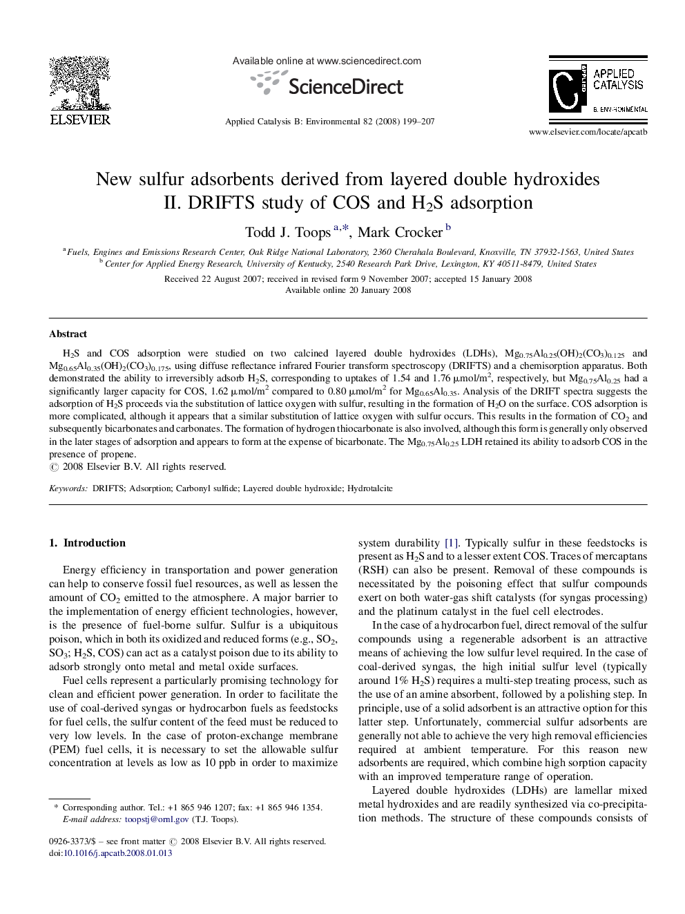 New sulfur adsorbents derived from layered double hydroxides: II. DRIFTS study of COS and H2S adsorption