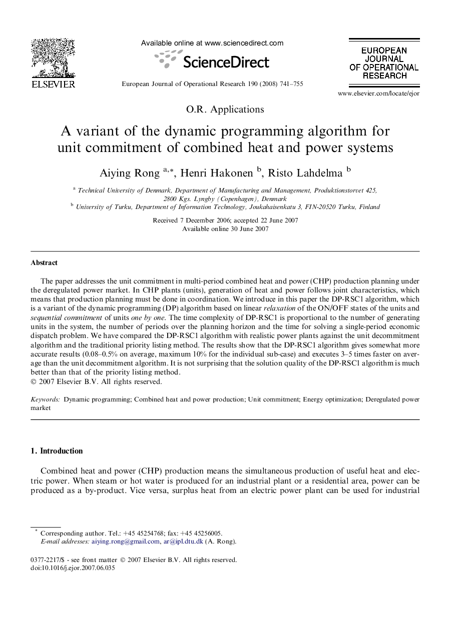 A variant of the dynamic programming algorithm for unit commitment of combined heat and power systems