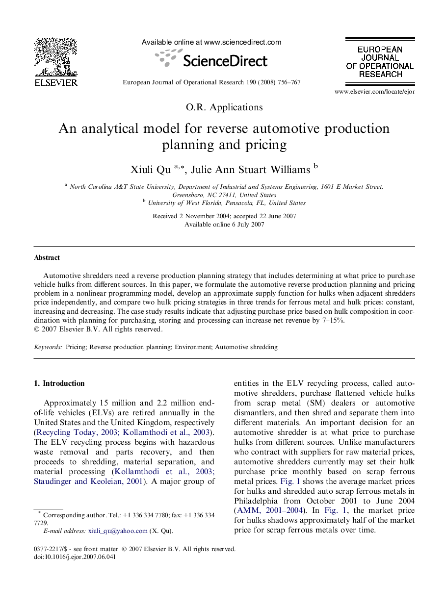 An analytical model for reverse automotive production planning and pricing