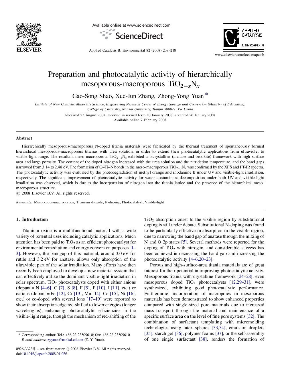 Preparation and photocatalytic activity of hierarchically mesoporous-macroporous TiO2−xNx