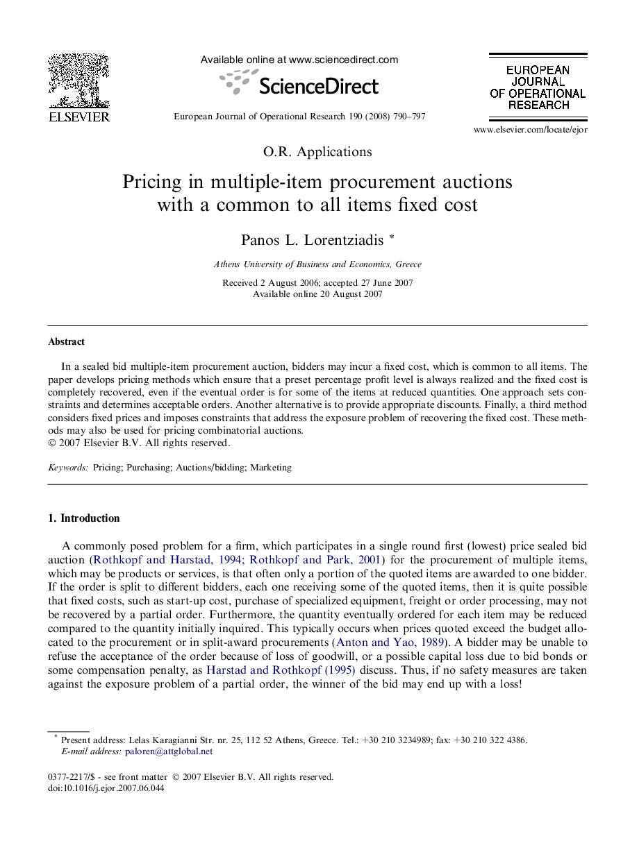 Pricing in multiple-item procurement auctions with a common to all items fixed cost