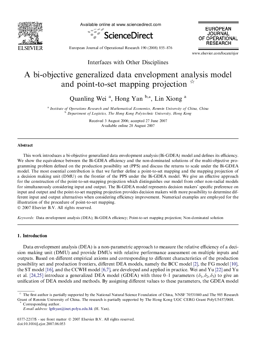 A bi-objective generalized data envelopment analysis model and point-to-set mapping projection 