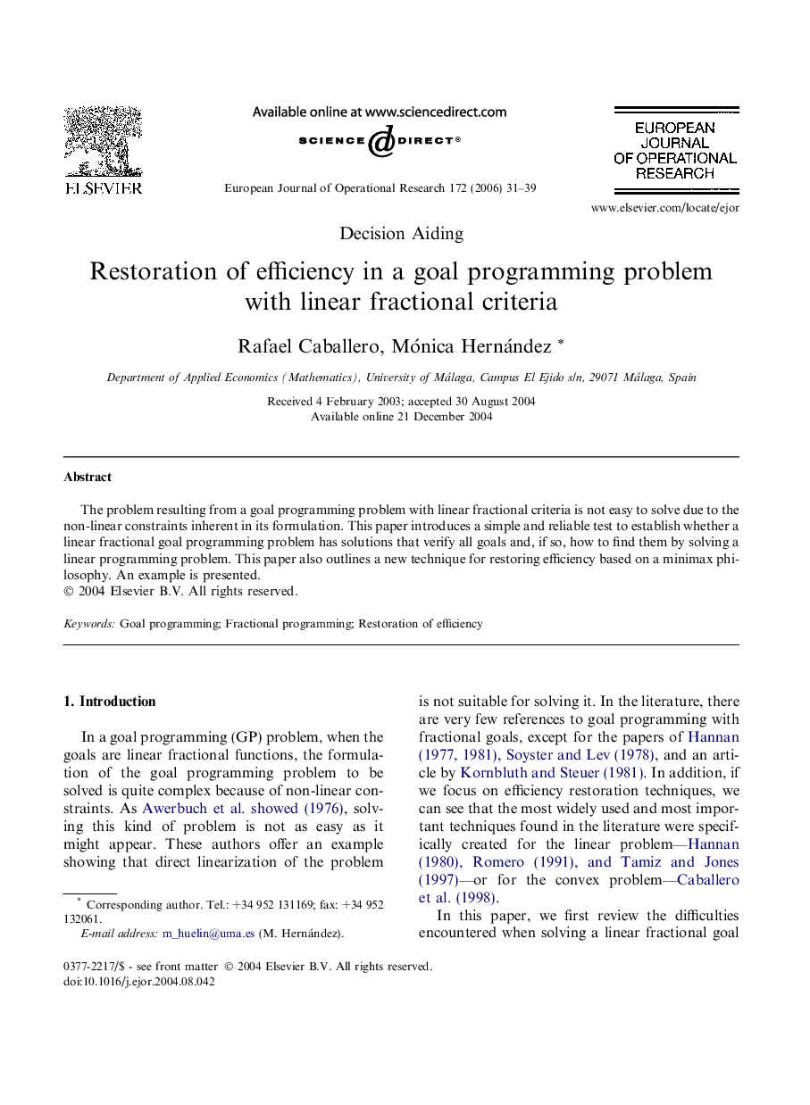 Restoration of efficiency in a goal programming problem with linear fractional criteria