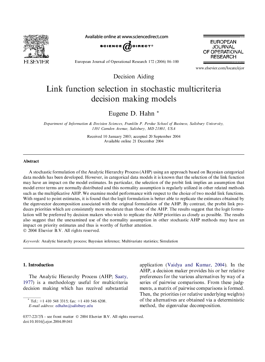 Link function selection in stochastic multicriteria decision making models