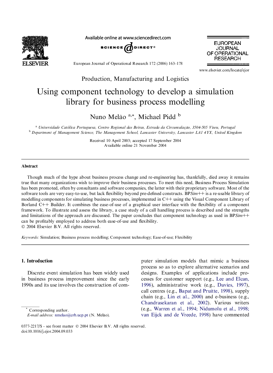 Using component technology to develop a simulation library for business process modelling