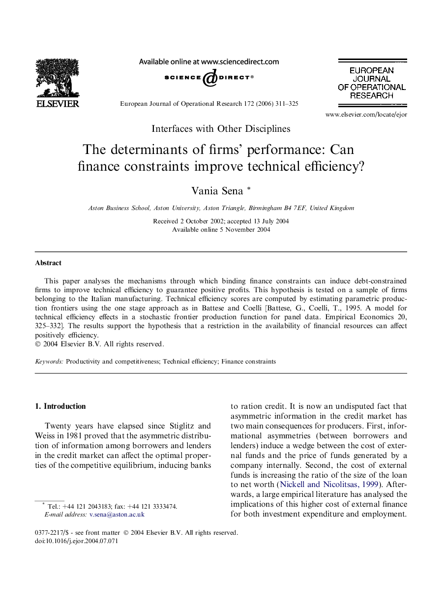 The determinants of firms’ performance: Can finance constraints improve technical efficiency?