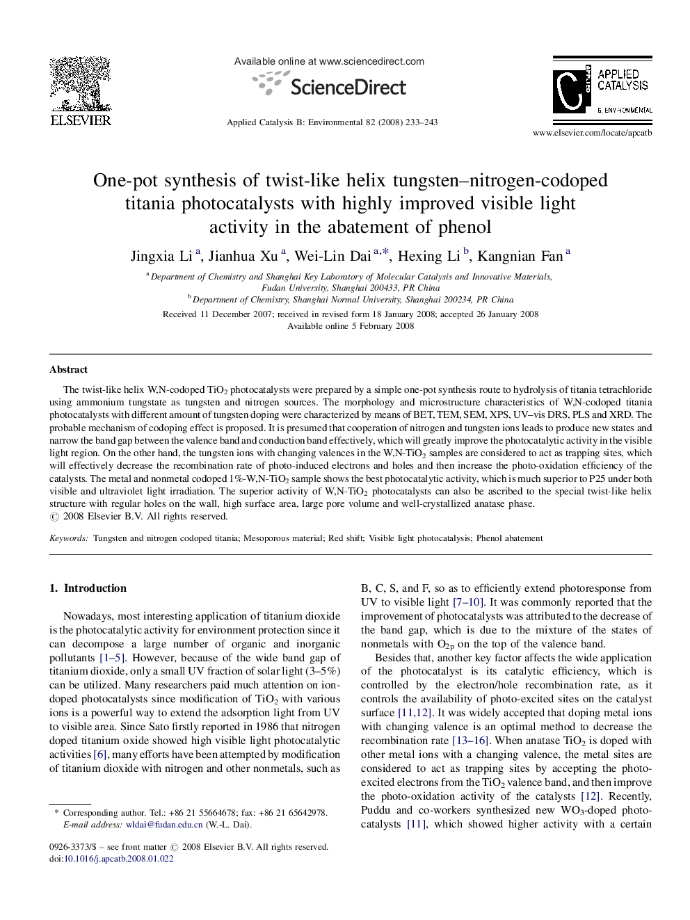 One-pot synthesis of twist-like helix tungsten–nitrogen-codoped titania photocatalysts with highly improved visible light activity in the abatement of phenol