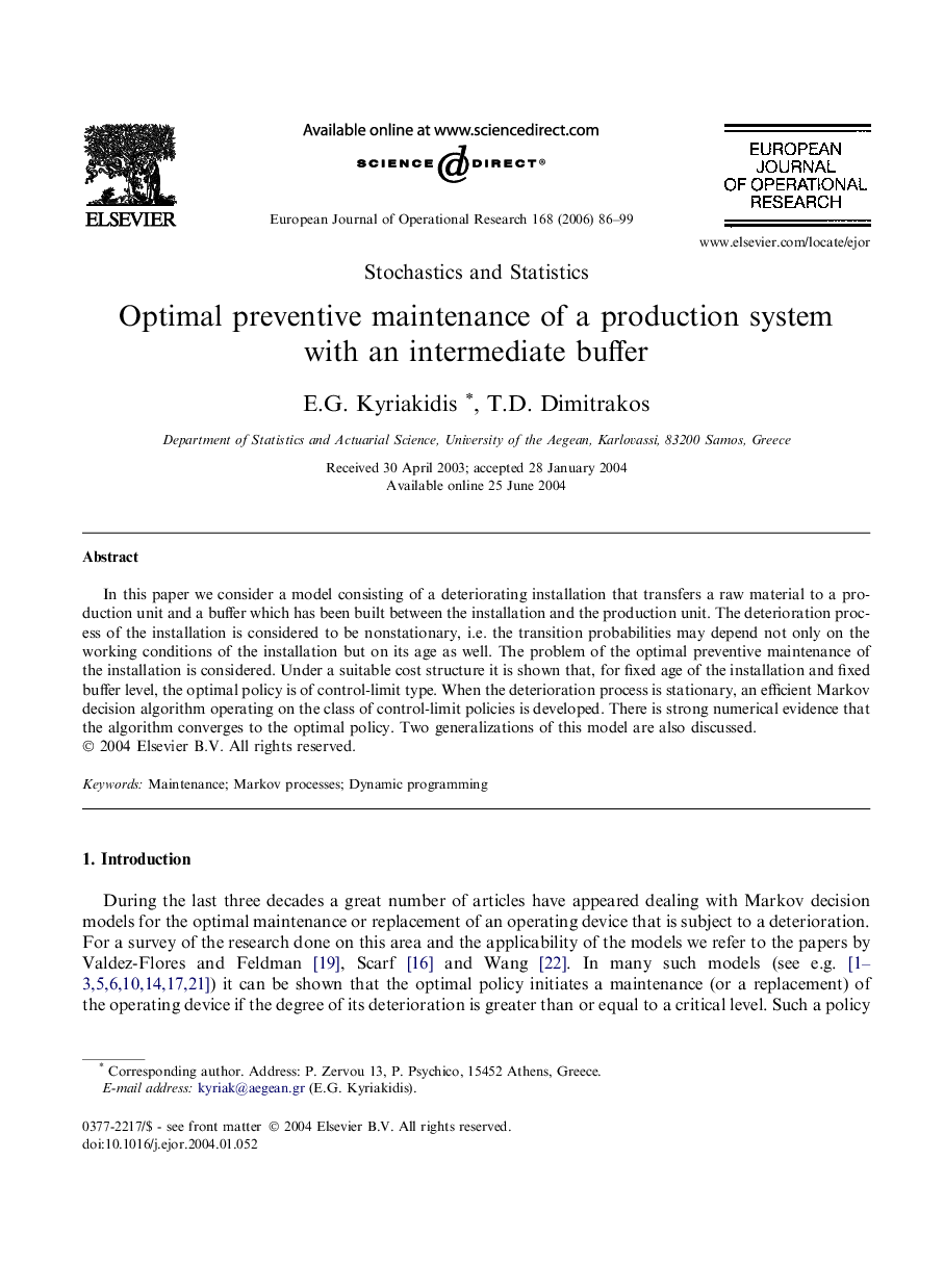 Optimal preventive maintenance of a production system with an intermediate buffer