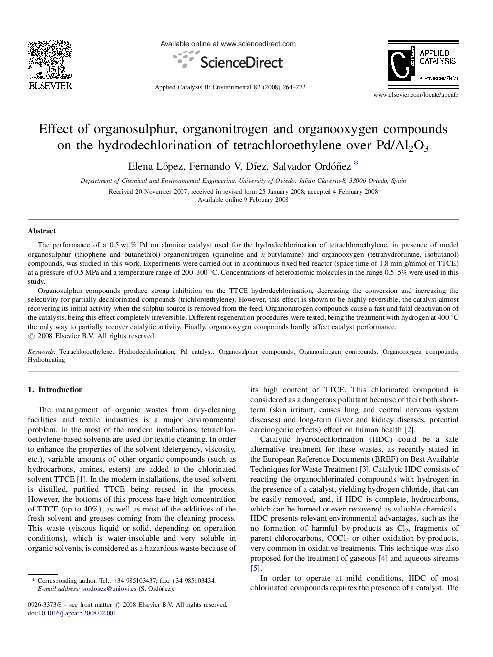 Effect of organosulphur, organonitrogen and organooxygen compounds on the hydrodechlorination of tetrachloroethylene over Pd/Al2O3