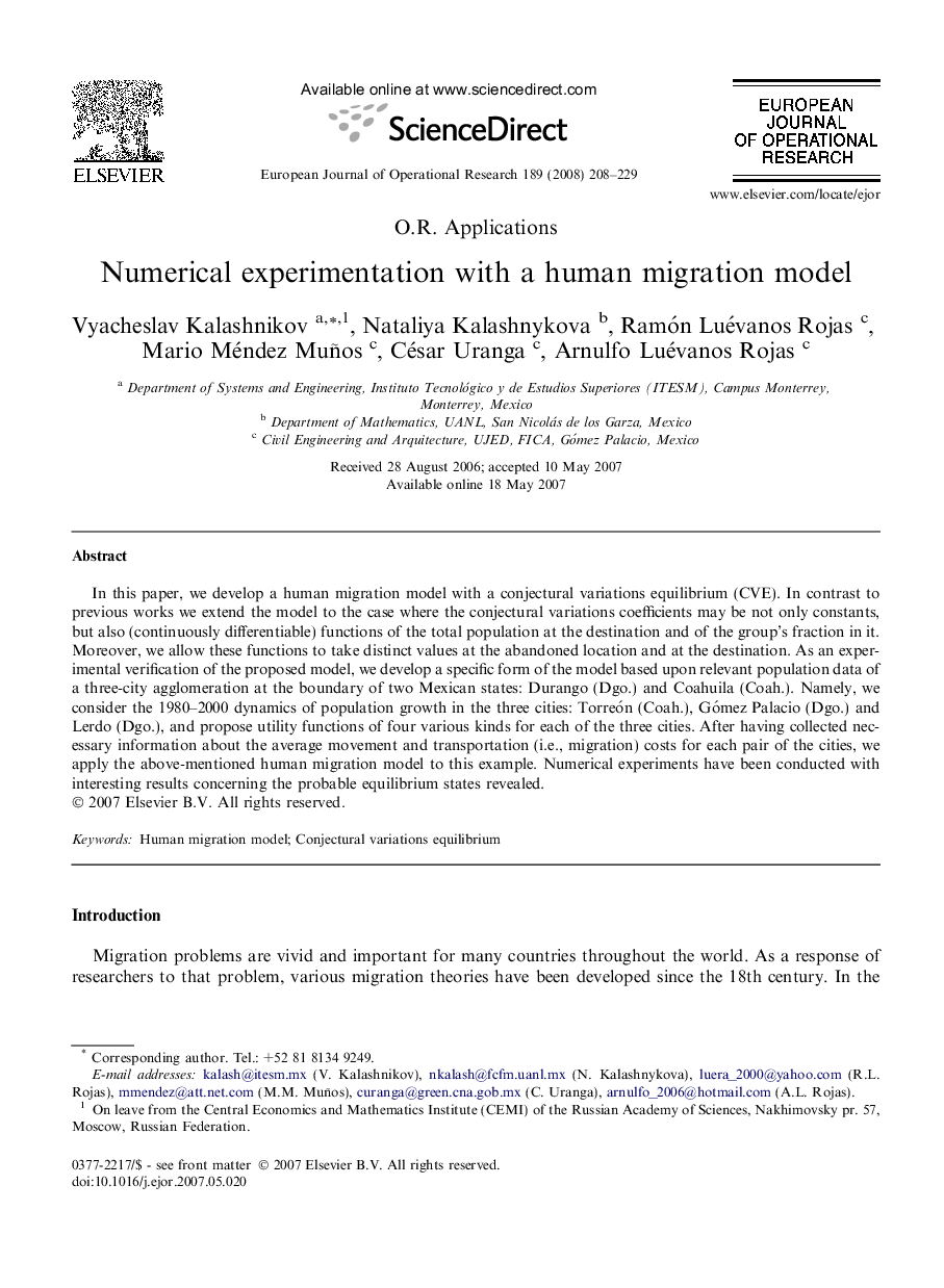 Numerical experimentation with a human migration model