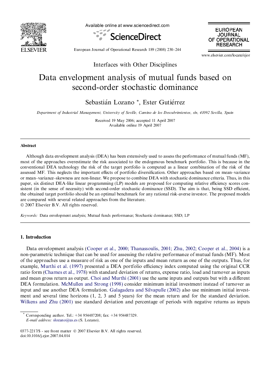 Data envelopment analysis of mutual funds based on second-order stochastic dominance