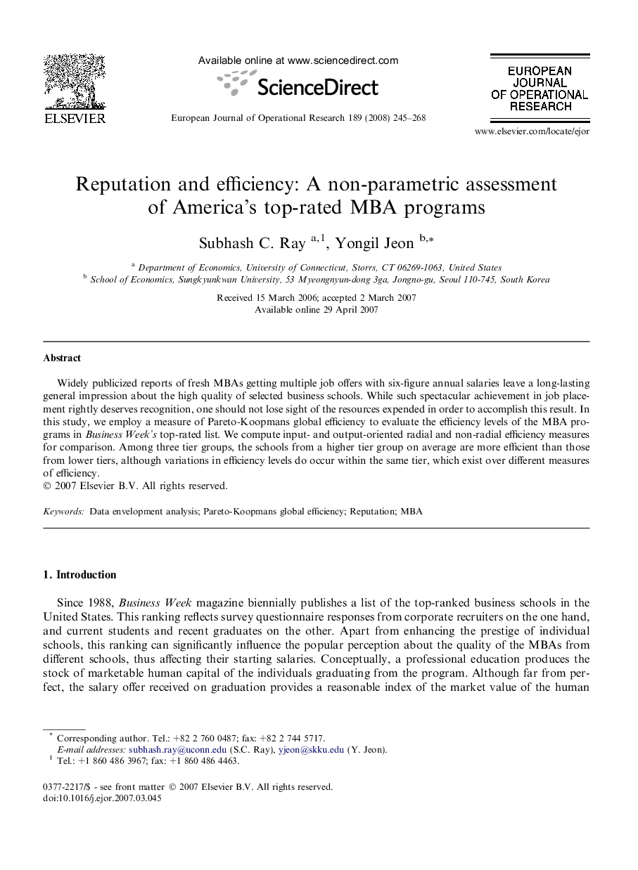 Reputation and efficiency: A non-parametric assessment of America’s top-rated MBA programs