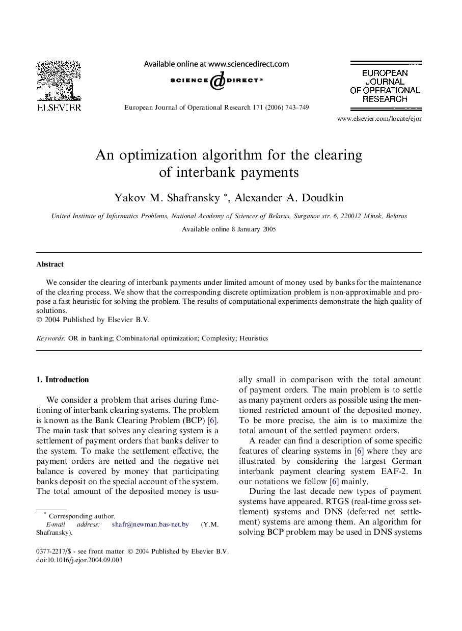 An optimization algorithm for the clearing of interbank payments