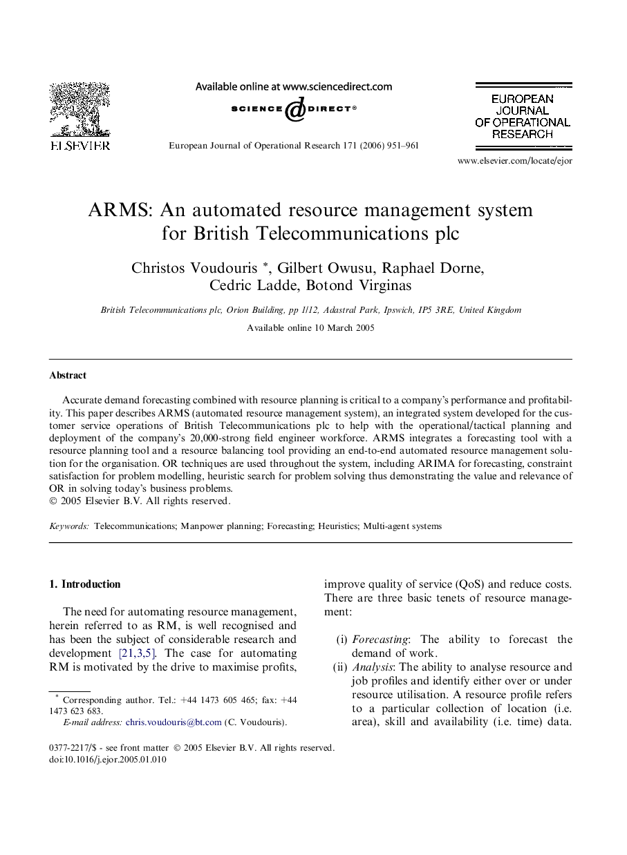 ARMS: An automated resource management system for British Telecommunications plc