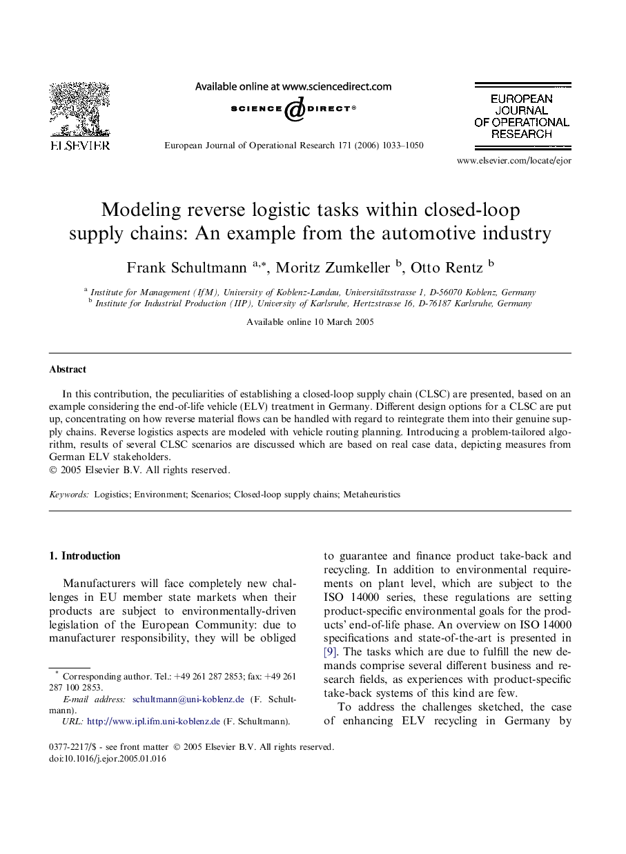 Modeling reverse logistic tasks within closed-loop supply chains: An example from the automotive industry