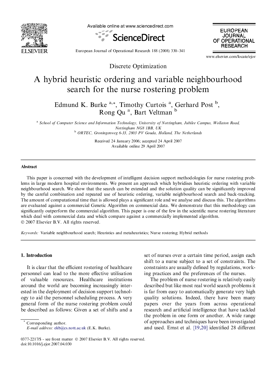 A hybrid heuristic ordering and variable neighbourhood search for the nurse rostering problem