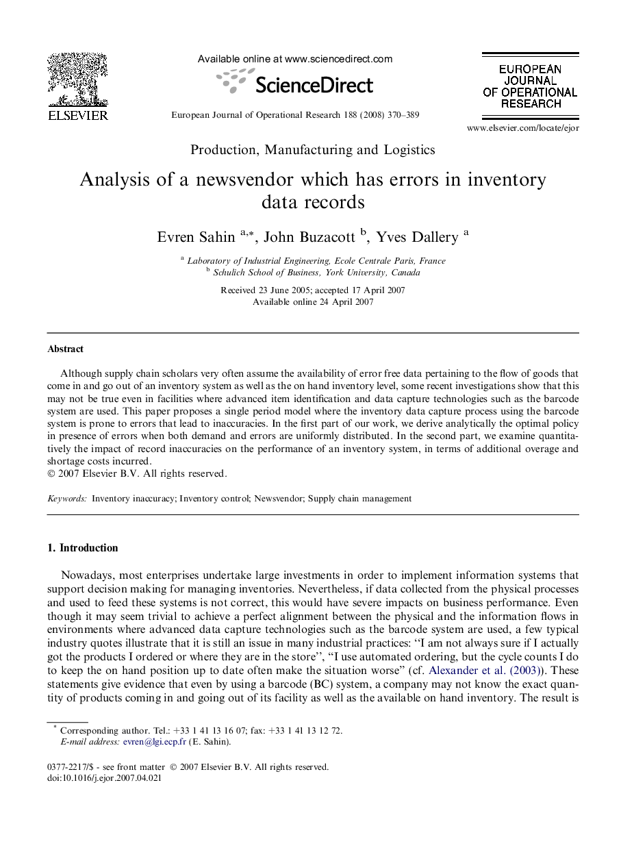 Analysis of a newsvendor which has errors in inventory data records