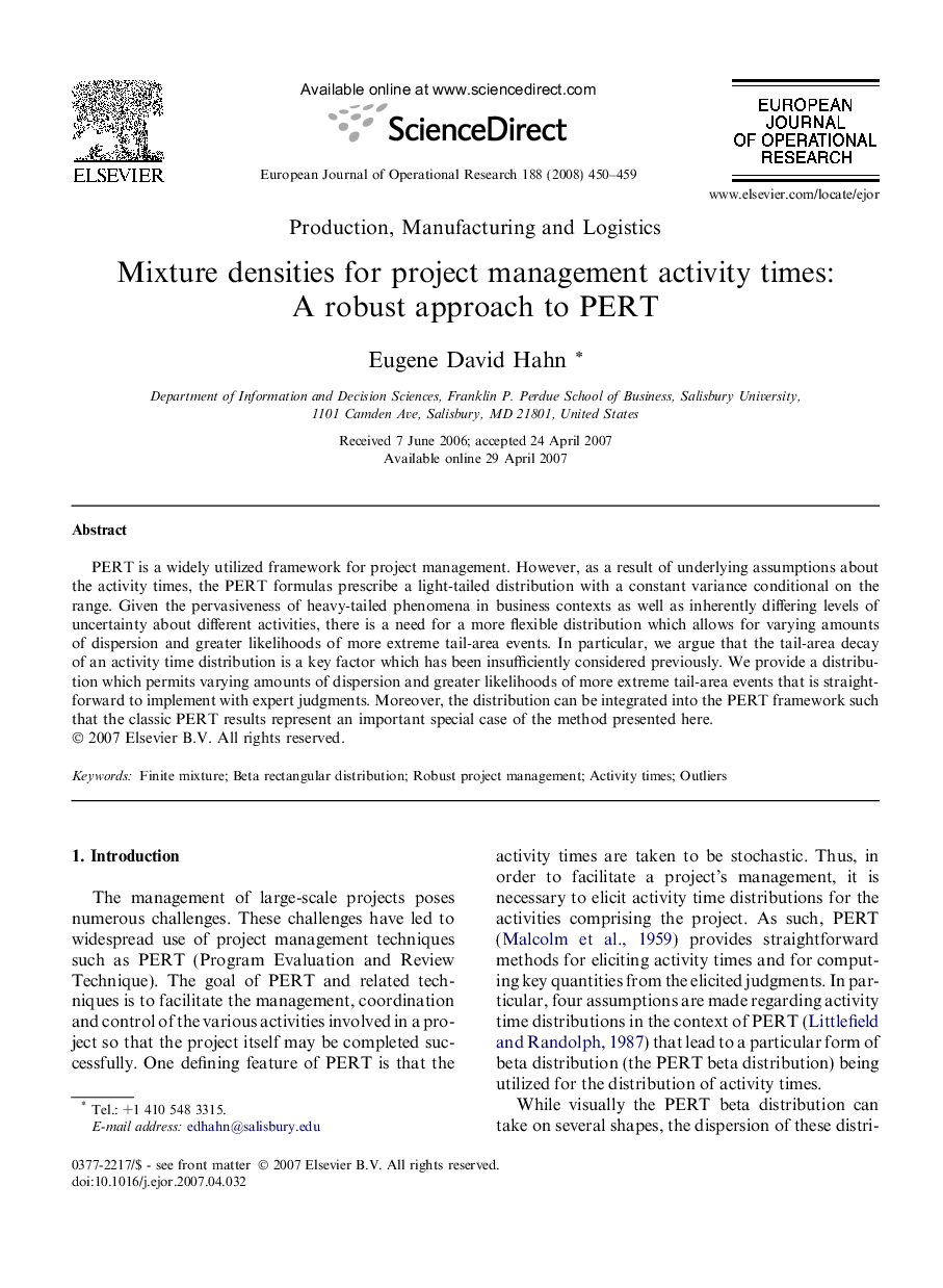 Mixture densities for project management activity times: A robust approach to PERT