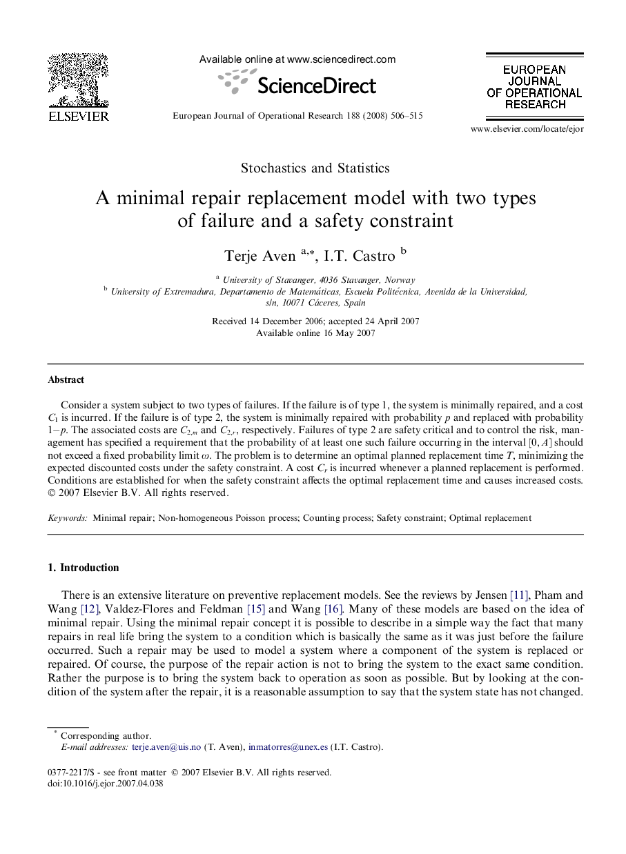 A minimal repair replacement model with two types of failure and a safety constraint