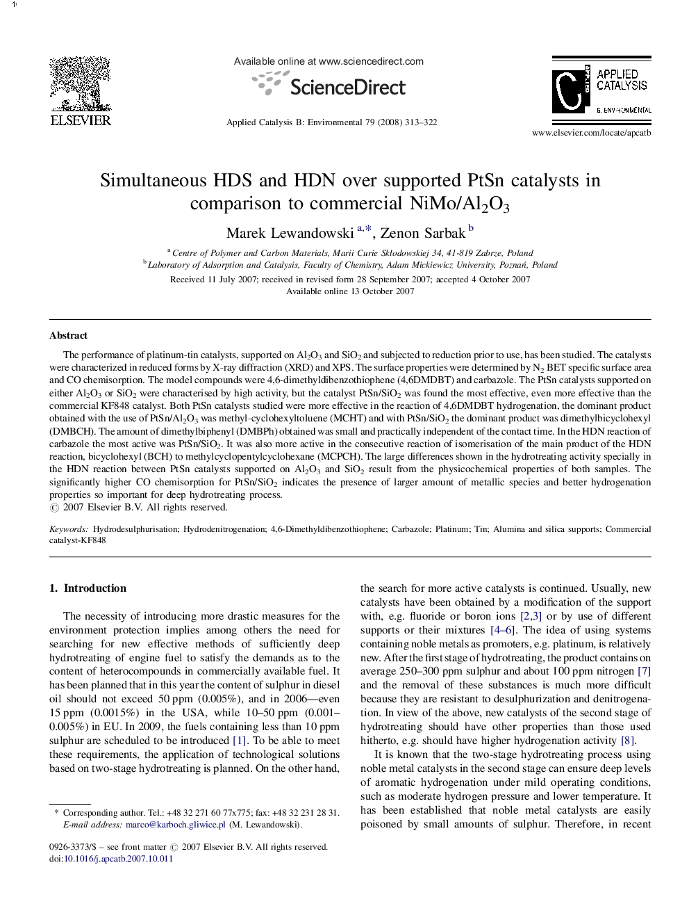 Simultaneous HDS and HDN over supported PtSn catalysts in comparison to commercial NiMo/Al2O3