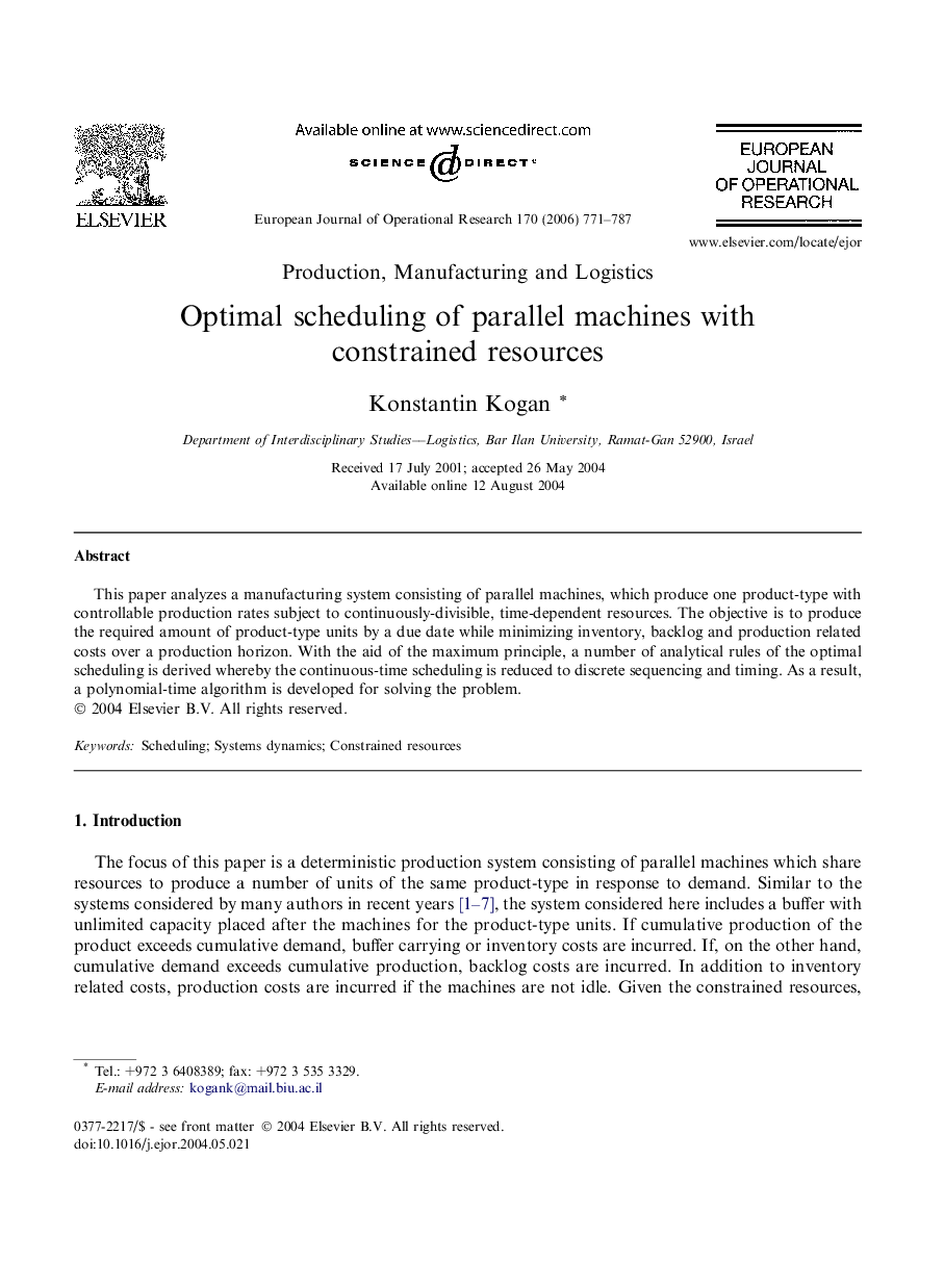 Optimal scheduling of parallel machines with constrained resources