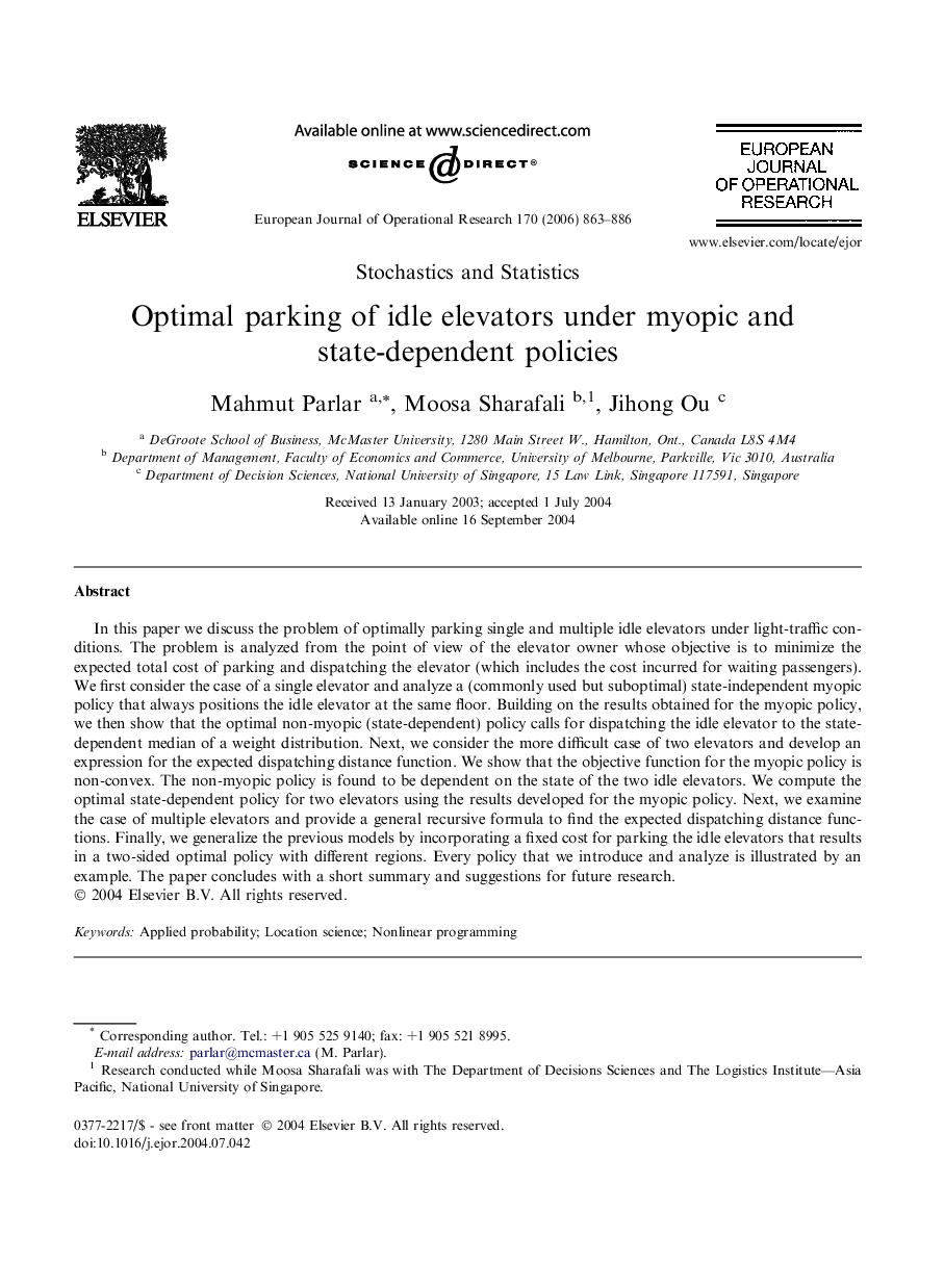 Optimal parking of idle elevators under myopic and state-dependent policies