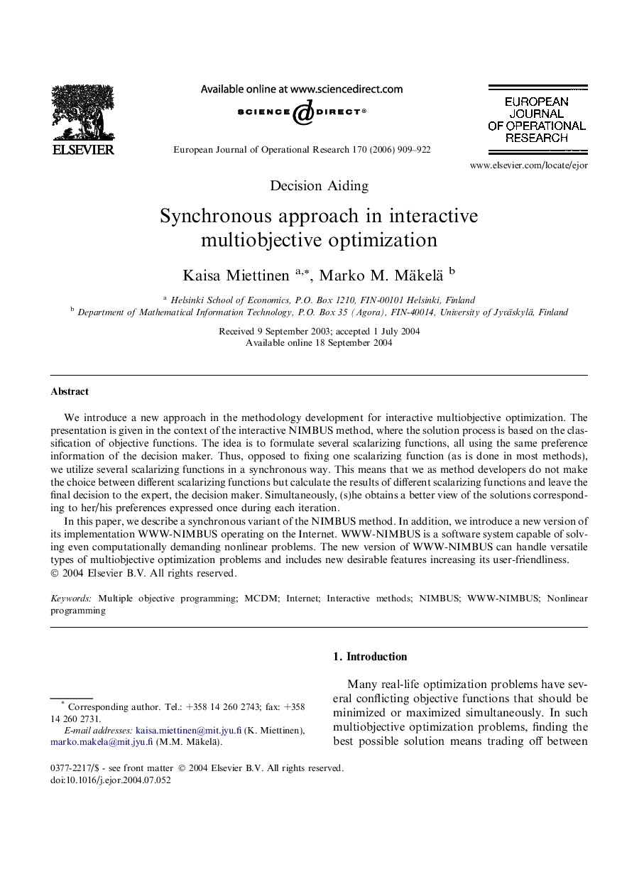 Synchronous approach in interactive multiobjective optimization