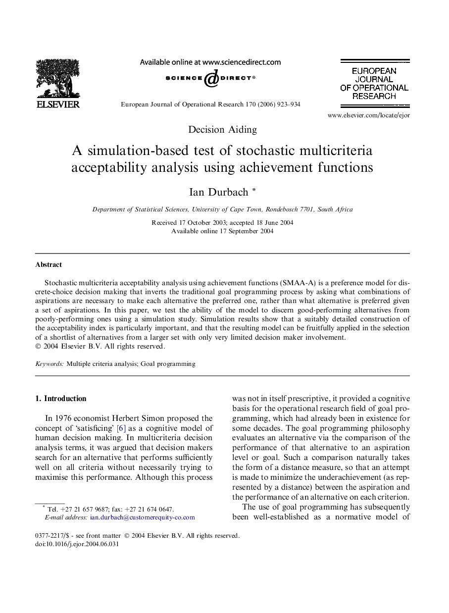 A simulation-based test of stochastic multicriteria acceptability analysis using achievement functions