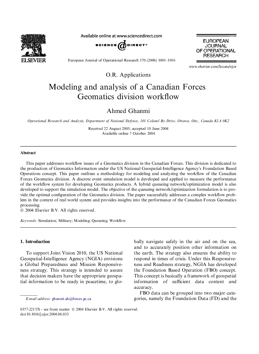 Modeling and analysis of a Canadian Forces Geomatics division workflow