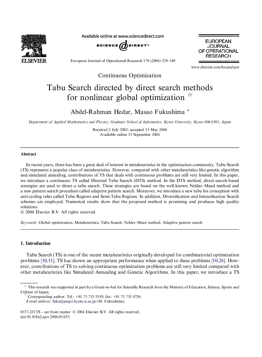 Tabu Search directed by direct search methods for nonlinear global optimization 