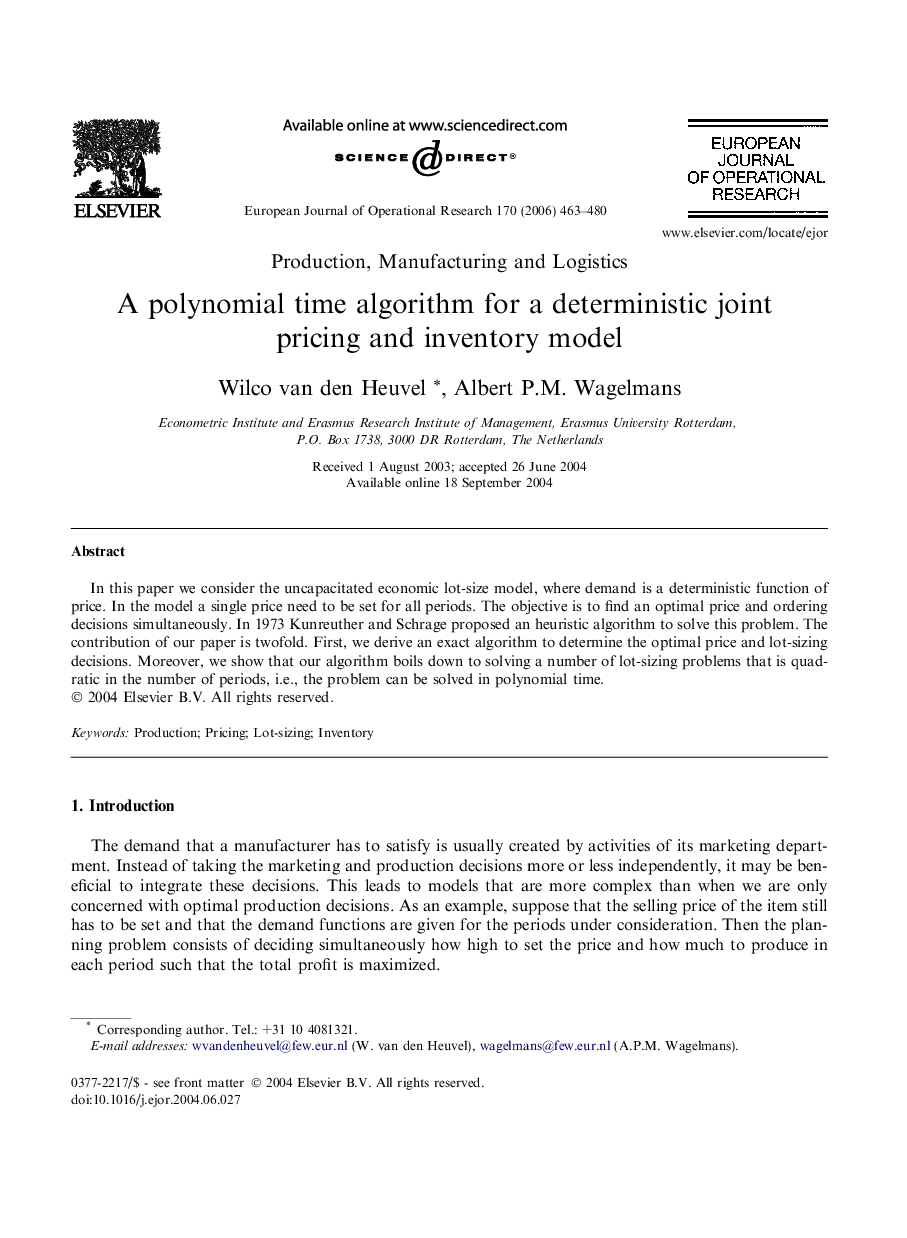 A polynomial time algorithm for a deterministic joint pricing and inventory model