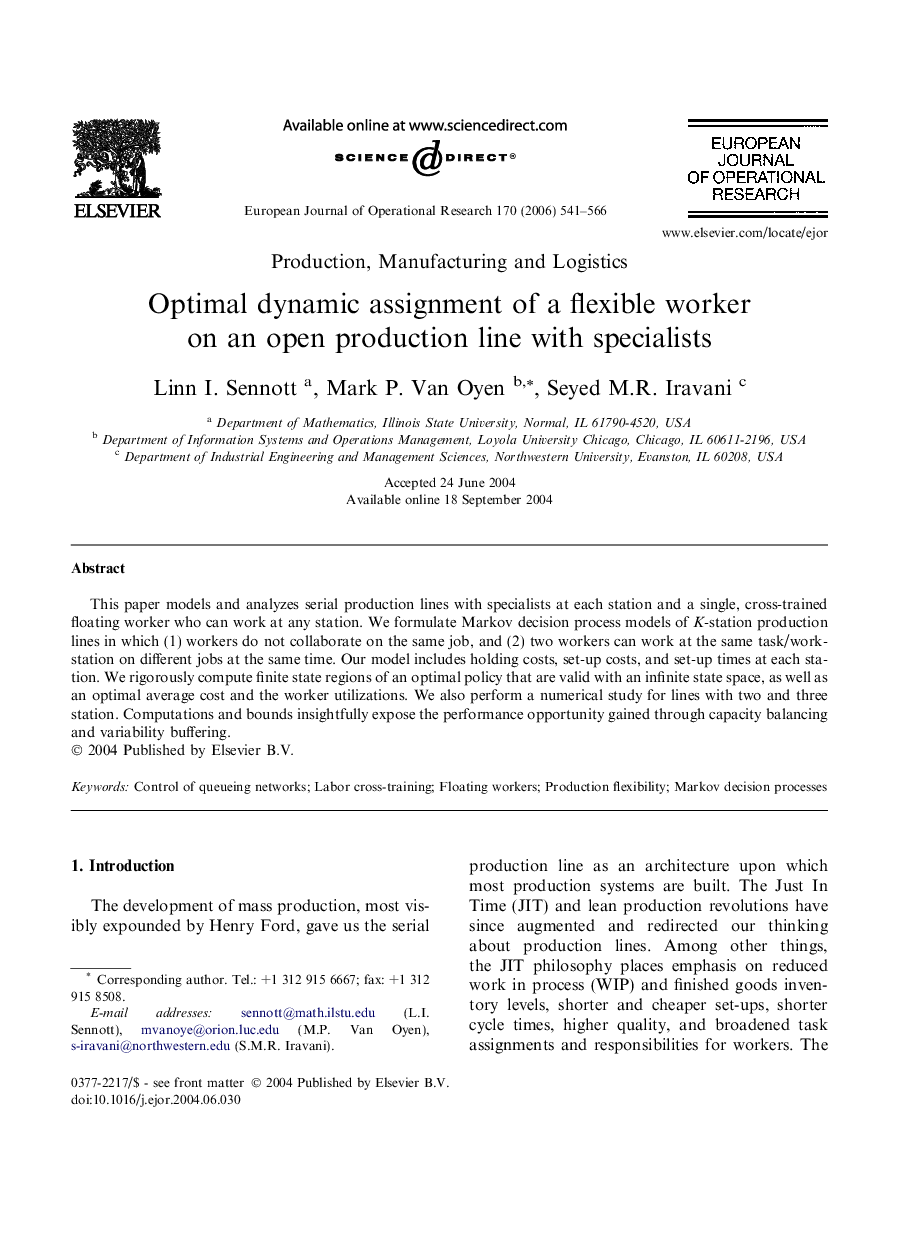 Optimal dynamic assignment of a flexible worker on an open production line with specialists