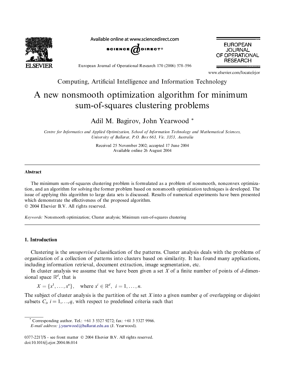 A new nonsmooth optimization algorithm for minimum sum-of-squares clustering problems