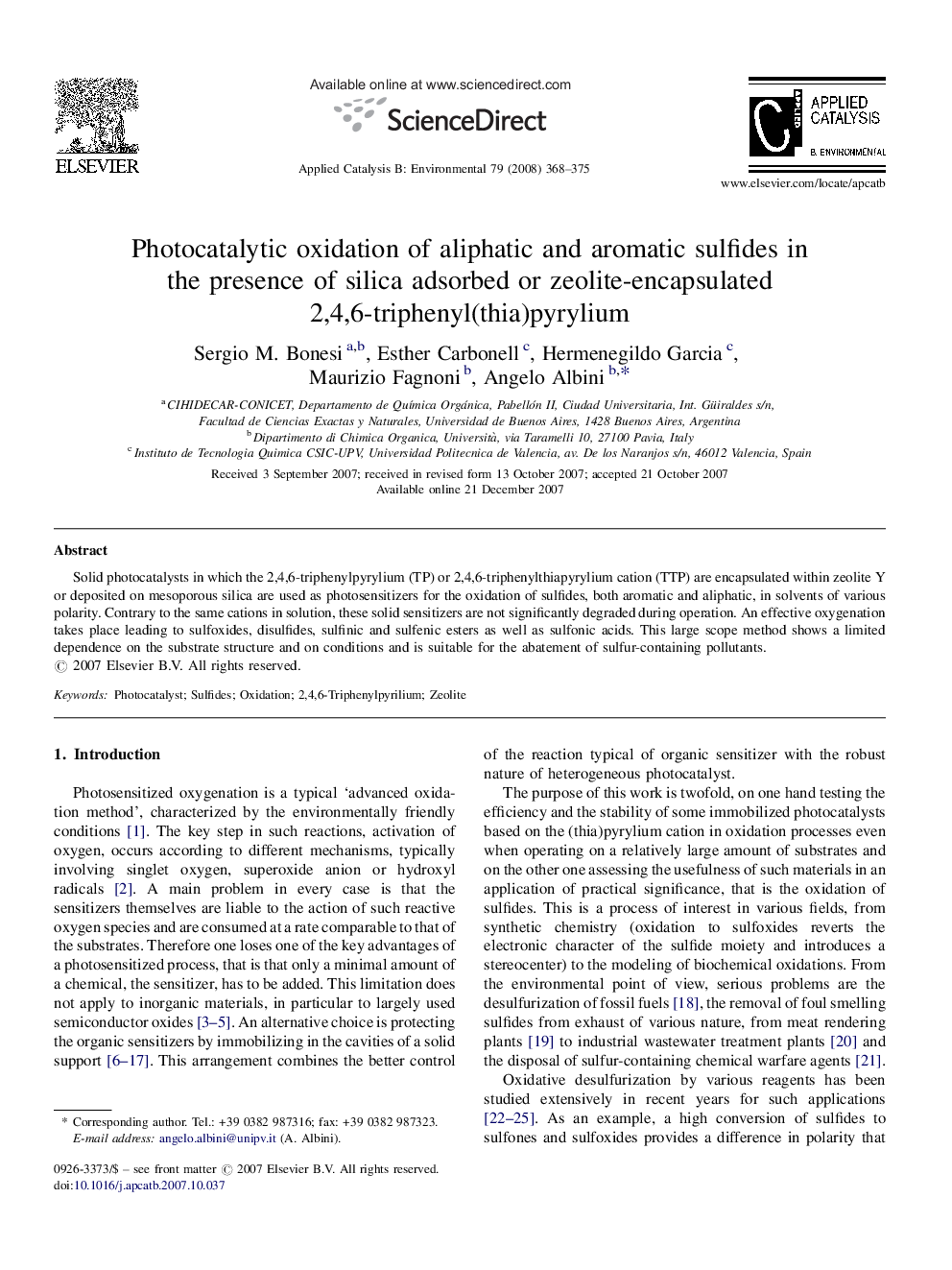 Photocatalytic oxidation of aliphatic and aromatic sulfides in the presence of silica adsorbed or zeolite-encapsulated 2,4,6-triphenyl(thia)pyrylium