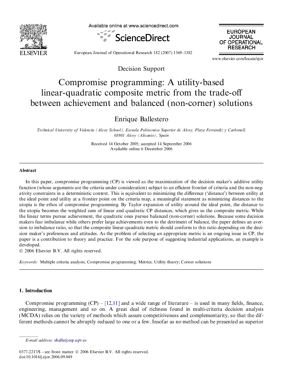 Compromise programming: A utility-based linear-quadratic composite metric from the trade-off between achievement and balanced (non-corner) solutions