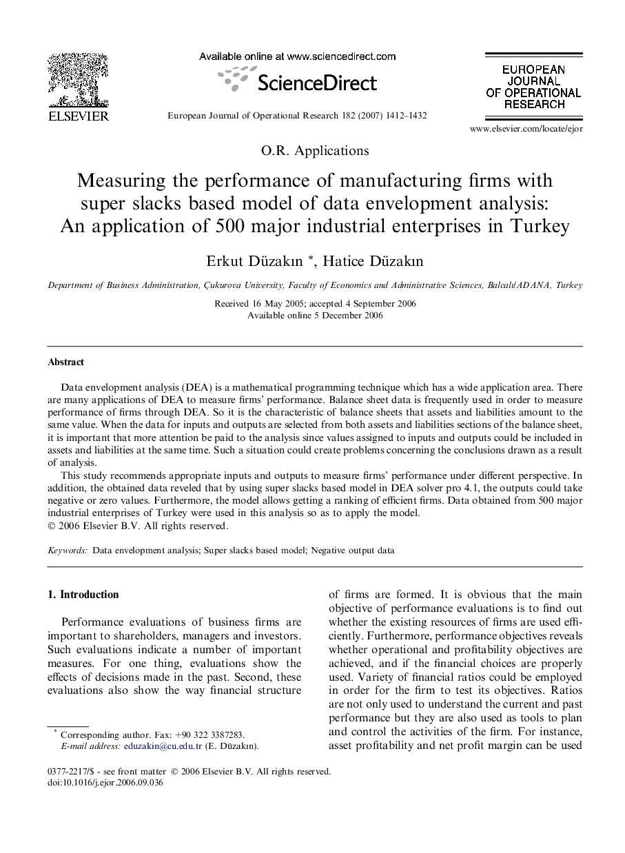 Measuring the performance of manufacturing firms with super slacks based model of data envelopment analysis: An application of 500 major industrial enterprises in Turkey