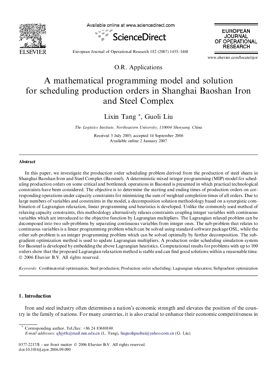 A mathematical programming model and solution for scheduling production orders in Shanghai Baoshan Iron and Steel Complex