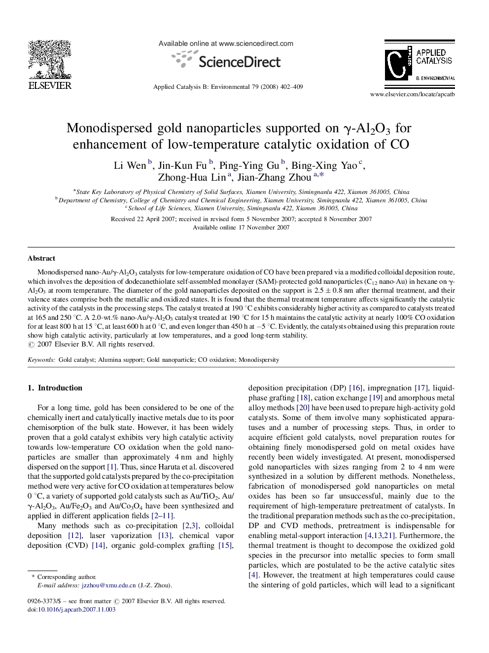 Monodispersed gold nanoparticles supported on γ-Al2O3 for enhancement of low-temperature catalytic oxidation of CO