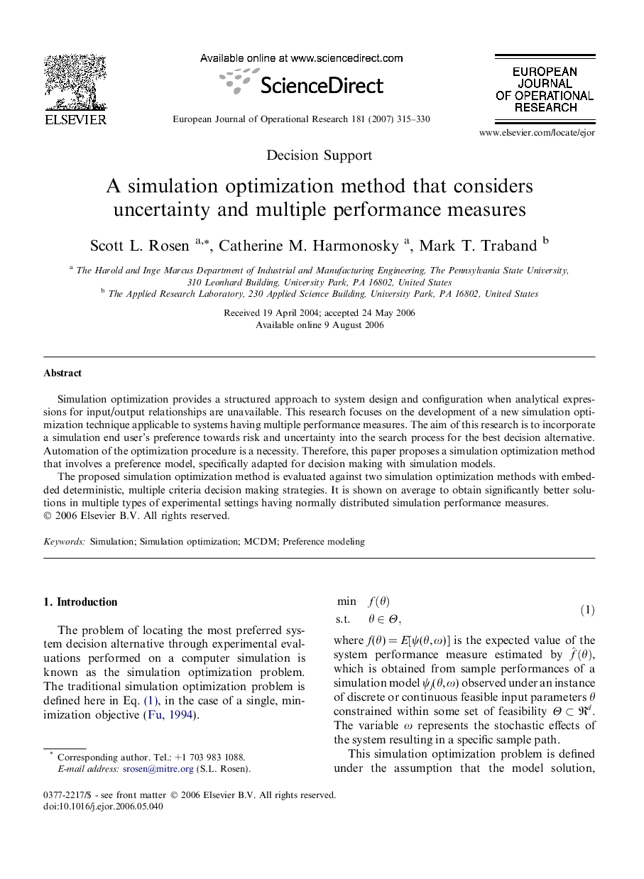 A simulation optimization method that considers uncertainty and multiple performance measures