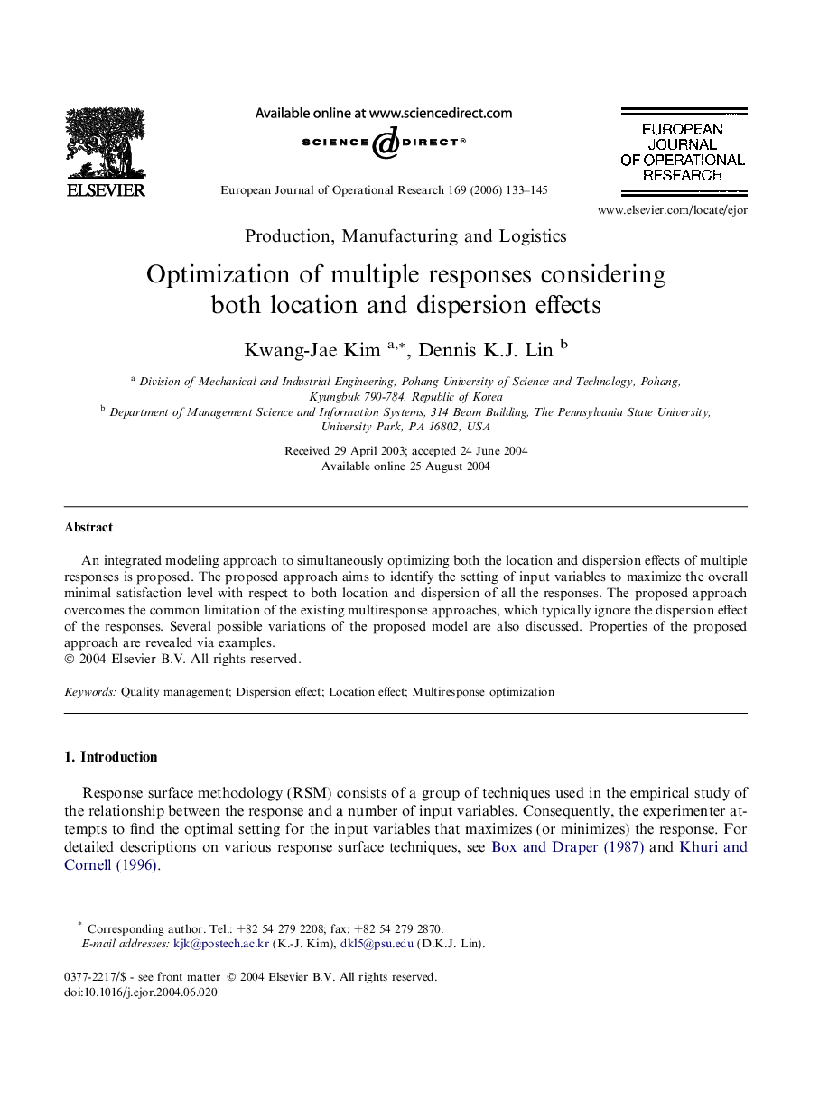 Optimization of multiple responses considering both location and dispersion effects